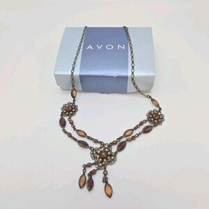 New! 1980s AVON Necklace Victorian Style Bronze Tone Lucite Floral 18" In Box